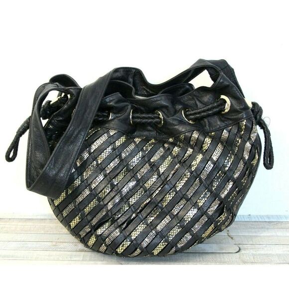 Elliott Lucca BLACK GOLD WOVEN GENUINE LEATHER DRAWSTRING SHOULDER BAG PURSE - Picture 11 of 11